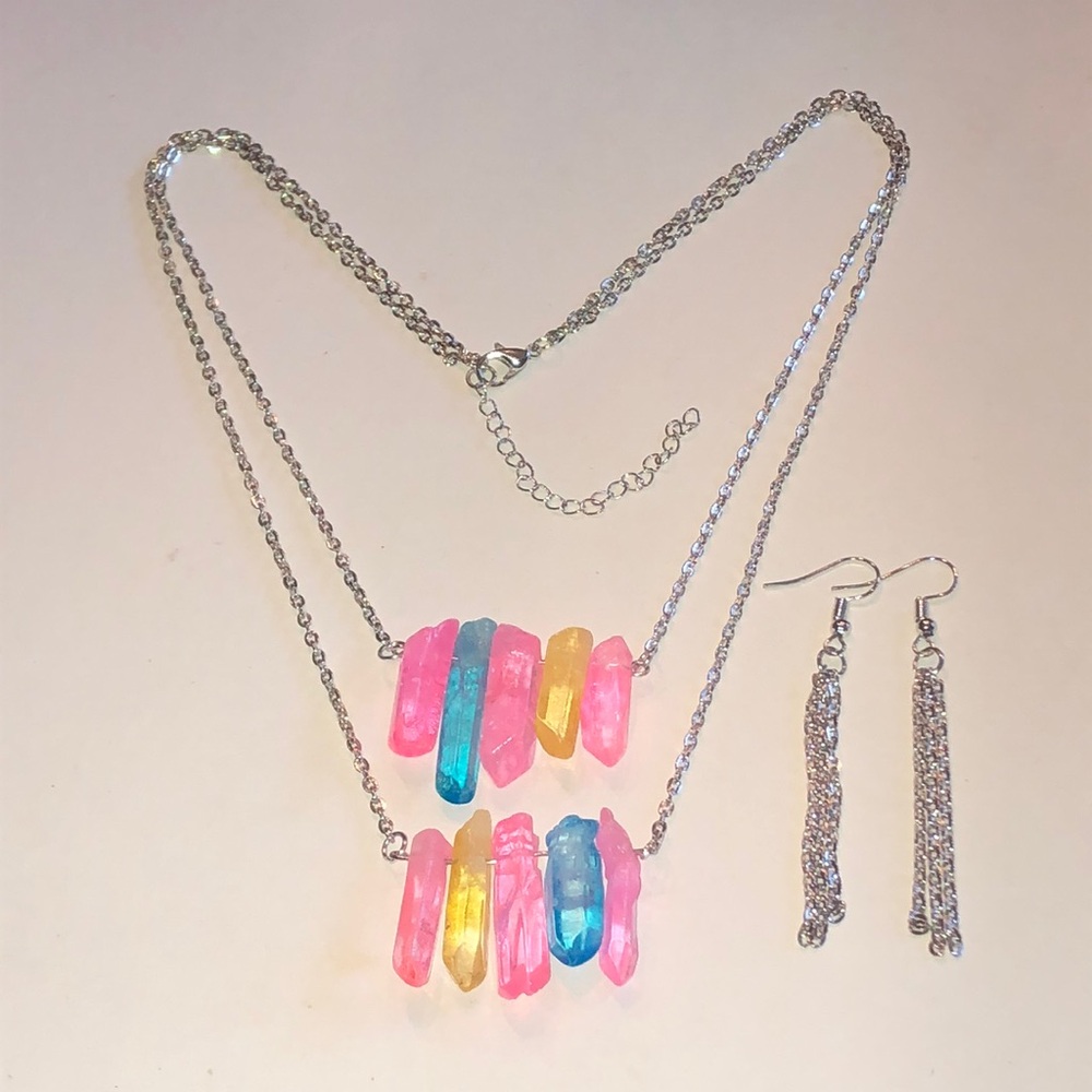 Colorful Crystal Bar Layered Necklace Set - Pink Blue Yellow Silver Tone